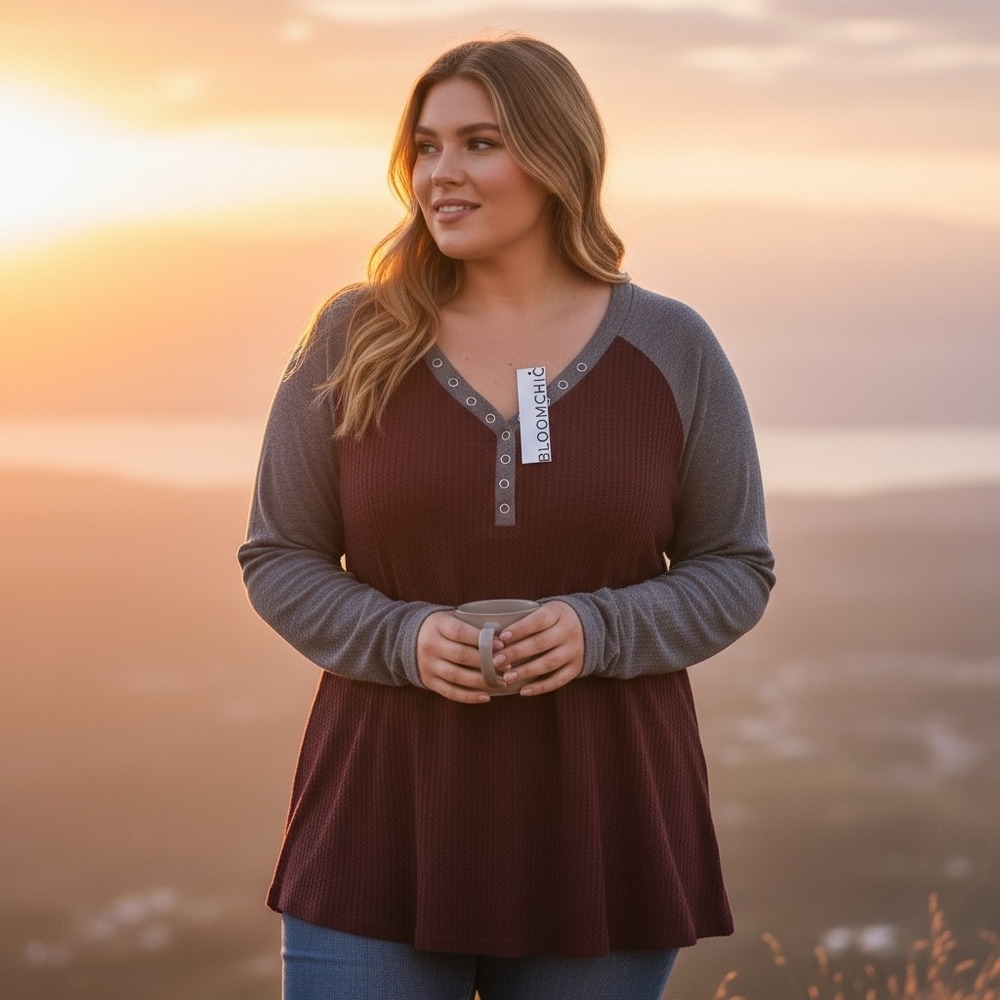 BLOOMCHIC Burgundy Gray Waffle Knit Henley Tunic Top Plus Size 22 24